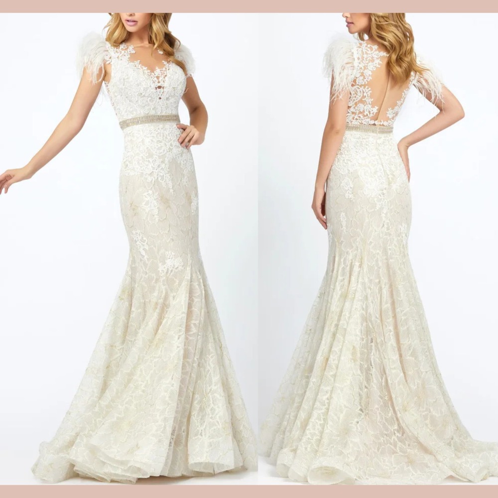 Mac Duggal Ivory Lace Mermaid Wedding Gown with Feather Cap Sleeves